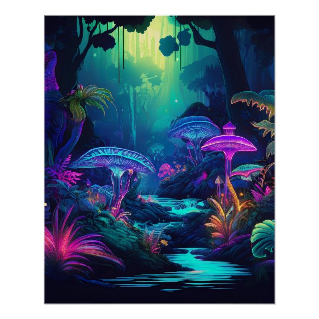 Neon Forest and Glowing Mushrooms Fantasy Art Poster (Front)