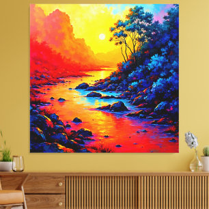 Neon Forest and River Painting Art Canvas Print