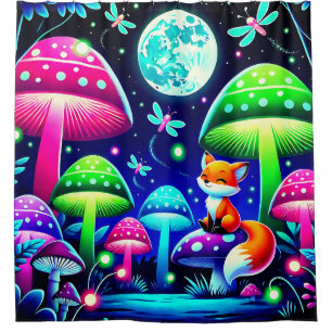 Neon Forest Fantasy with Fox and Fireflies Shower Curtain