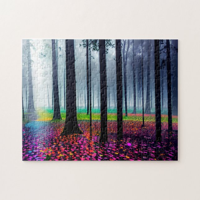Neon Forest Floor with Silhouetted Trees Jigsaw Puzzle (Horizontal)
