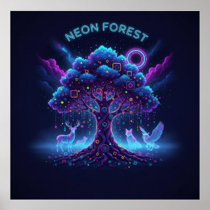 Neon Forest – Glowing Tree & Luminous Animals Post Poster