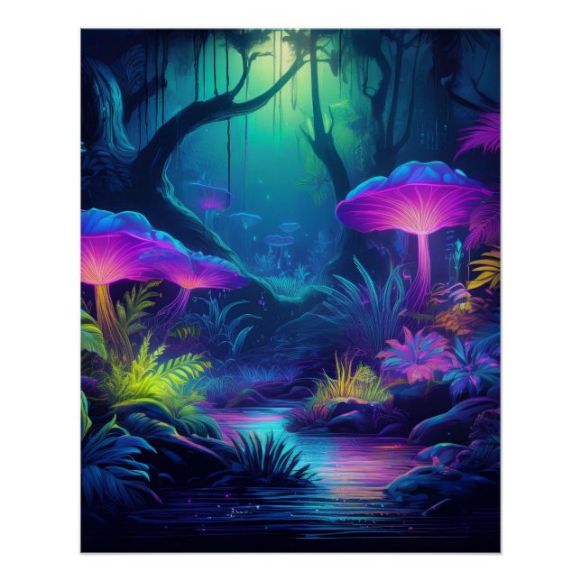 Neon Forest with Glowing Mushrooms and Plants Poster (Front)