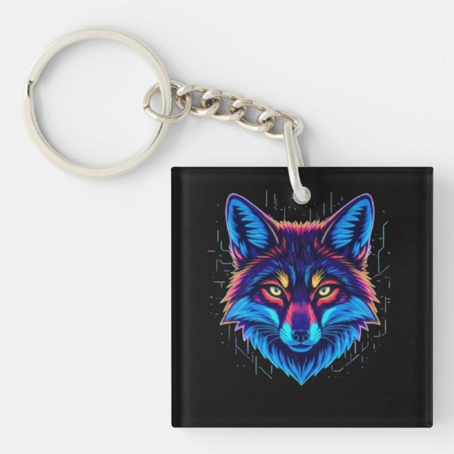 Neon Fox Face – Vibrant Glowing Design Key Ring (Front)