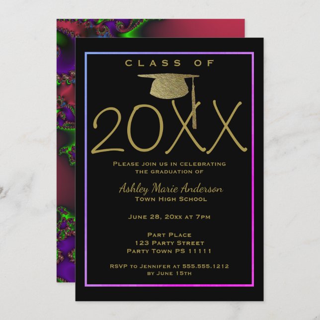 Neon Fractal Laser Graduation Invitation (Front/Back)