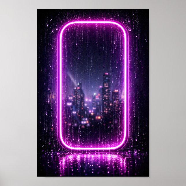 Neon Frame City Rain Synthwave Poster (Front)