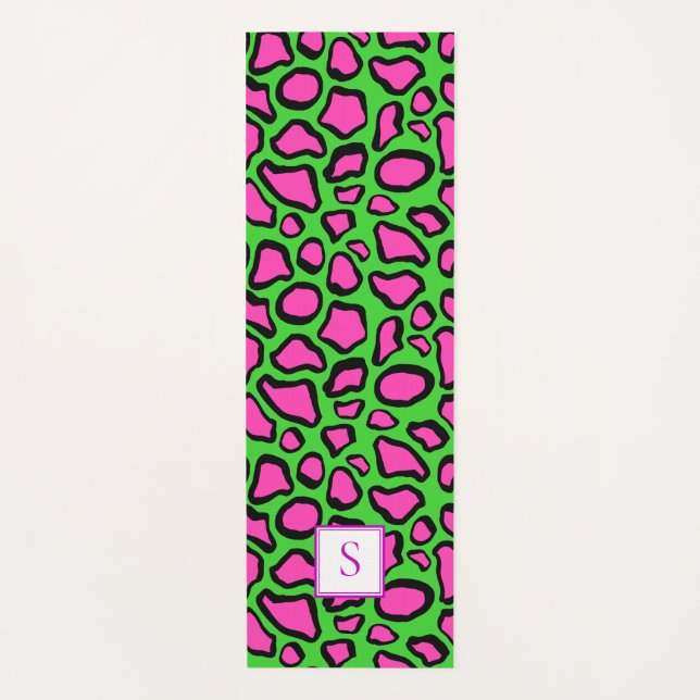 Neon Frog Green Purple Monogram Personalised Yoga Mat (Front)