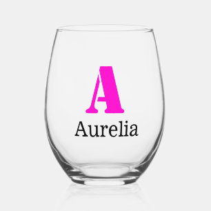 Neon Fuchsia Elegant Initial Black Name Modern Stemless Wine Glass