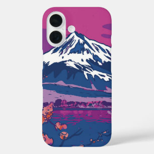 Neon Fuji Bloom – Cyber Landscape Sakura iPhone 16 Case