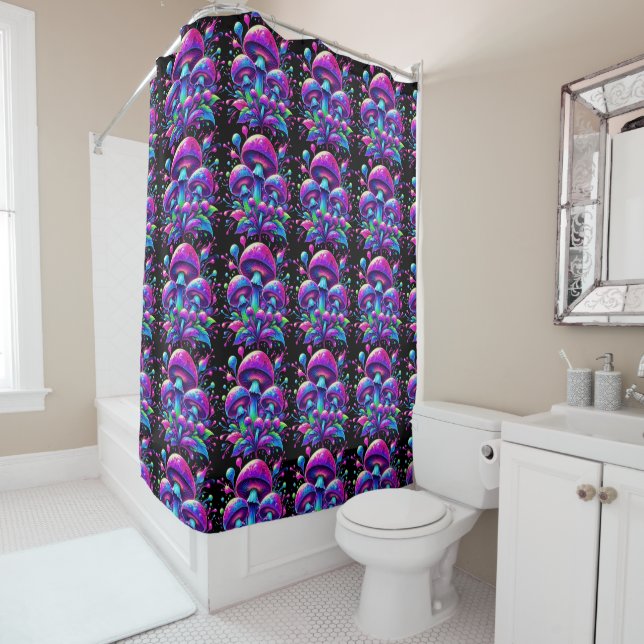 Neon Fungi Dreamscape Glow Shower Curtain (In Situ)