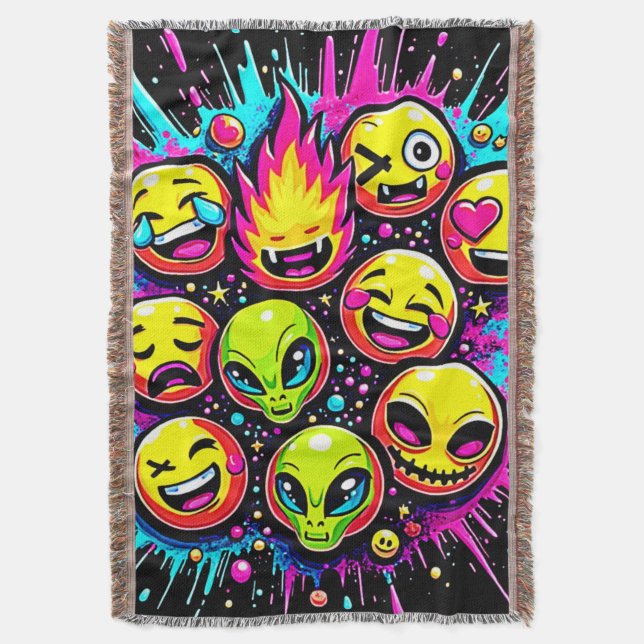 Neon Funky Emoji Mix Throw Blanket (Front Vertical)