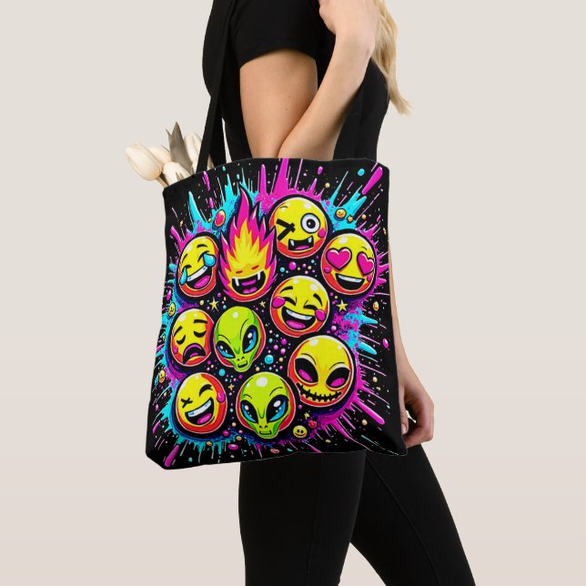 Neon Funky Emoji Mix Tote Bag (Close Up)