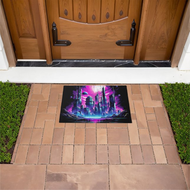 Neon Futuristic CyberScape Skyline Doormat