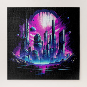 Neon Futuristic CyberScape Skyline Jigsaw Puzzle