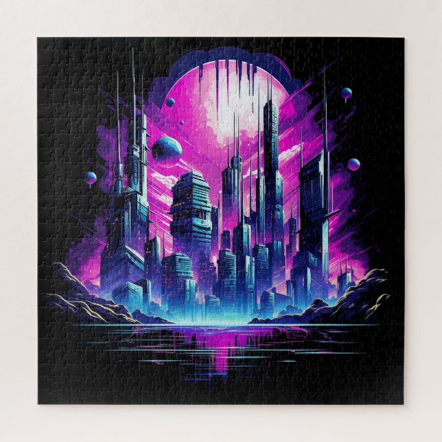 Neon Futuristic CyberScape Skyline Jigsaw Puzzle (Vertical)