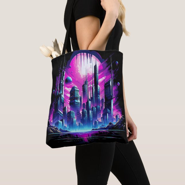 Neon Futuristic CyberScape Skyline Tote Bag (Close Up)