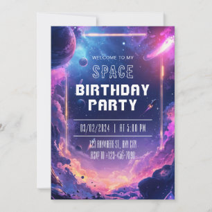 Neon Galaxy Space Birthday Party Invitation