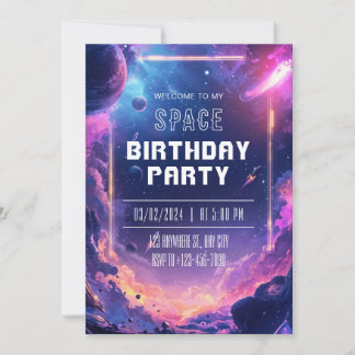 Neon Galaxy Space Birthday Party Invitation