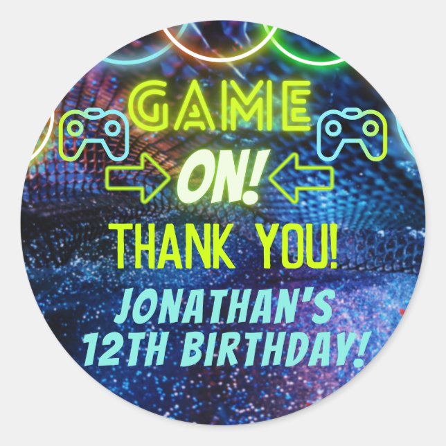 Neon Game On Gaming Birthday Party Thank You Favou Classic Round Sticker (Front)