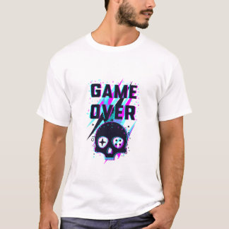 Neon Game Over Skull Gamer T-Shirt Retro 80s Glitc