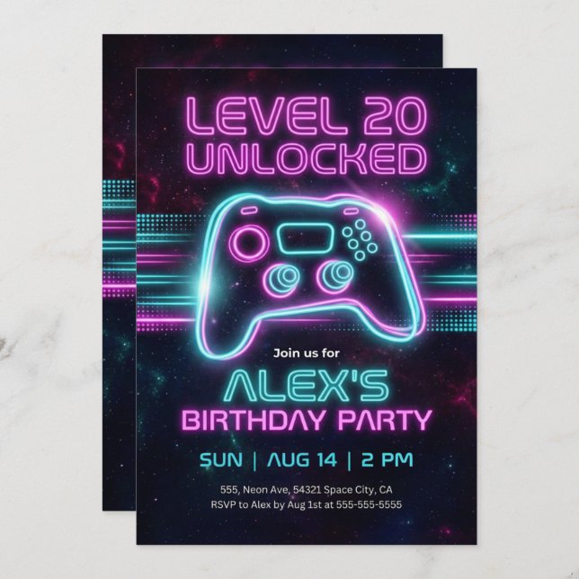 Neon Gamer Birthday Invitation Game for Teen Boy  (Front/Back)