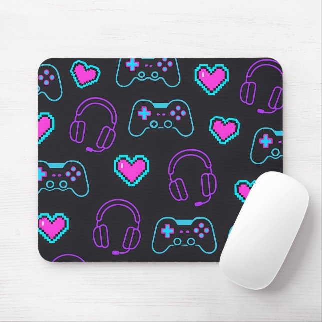 Neon Gamer Controller and Hearts Pattern Mouse Pad (With Mouse)