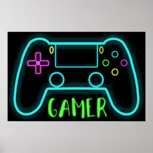 Neon gamer controller neon colors poster