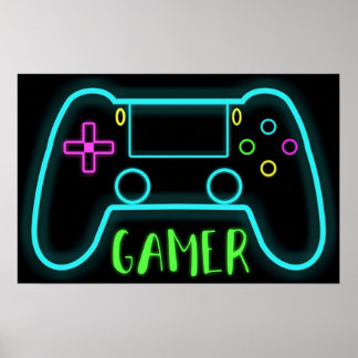Neon gamer controller neon colours poster