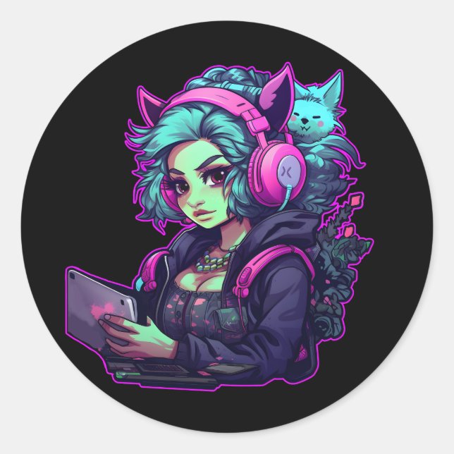 Neon gamer girl classic round sticker (Front)
