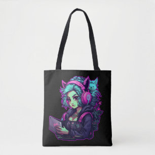 Neon gamer girl tote bag