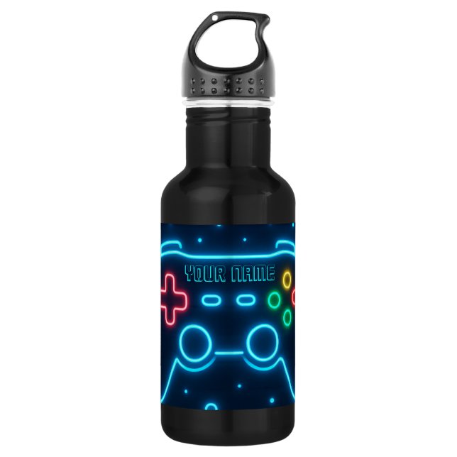 Neon Gamer Water Bottle – Custom Name (Front)