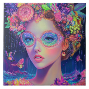 Neon Garden Goddess Ceramic Tile