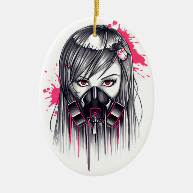 Neon Gas Mask Girl Ceramic Ornament (Front)