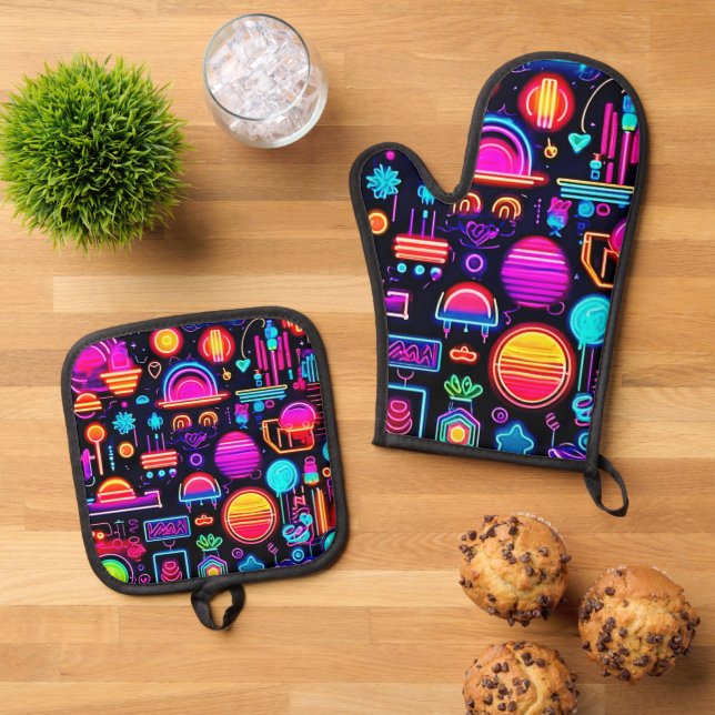 Neon Geometric Abstract Oven Mitt & Pot Holder Set (Top Down)