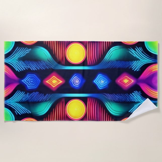 Neon Geometric Mandala Art Beach Towel (Front)