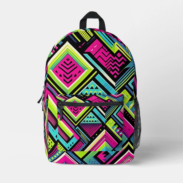 Neon Geometric Retro Vibes Printed Backpack (Front)