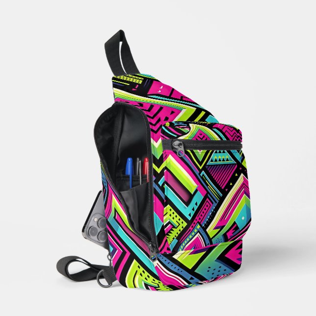 Neon Geometric Retro Vibes Sling Bag (Open)
