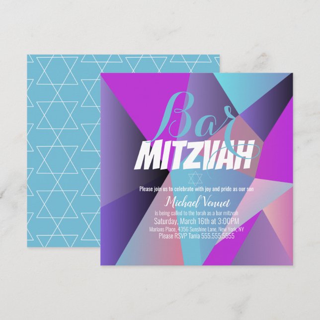 Neon Geometrical Blue White Bar Mitzvah Invitation (Front/Back)