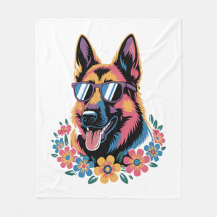Neon German Shepherd with Sunglasses Fleece Blanket