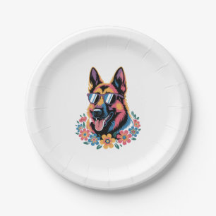 Neon German Shepherd with Sunglasses Paper Plate