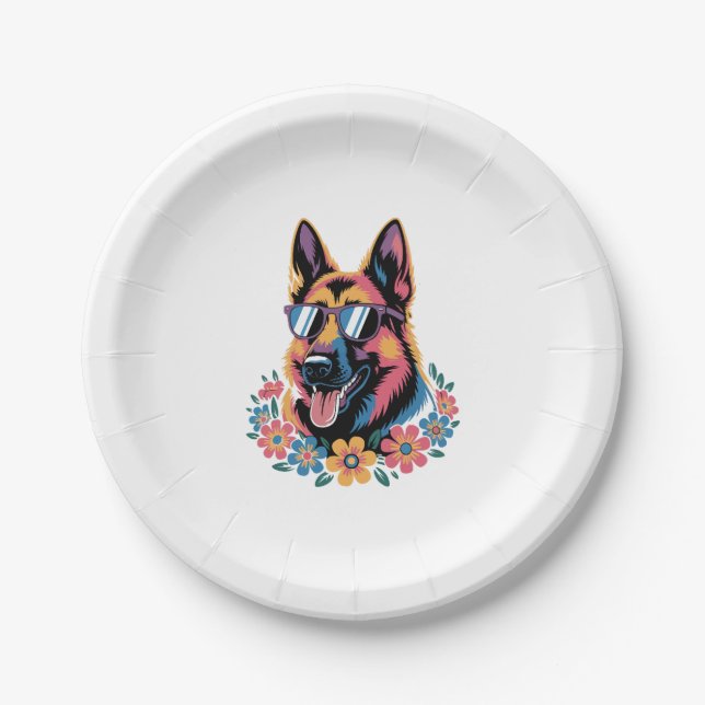 Neon German Shepherd with Sunglasses Paper Plate (Front)