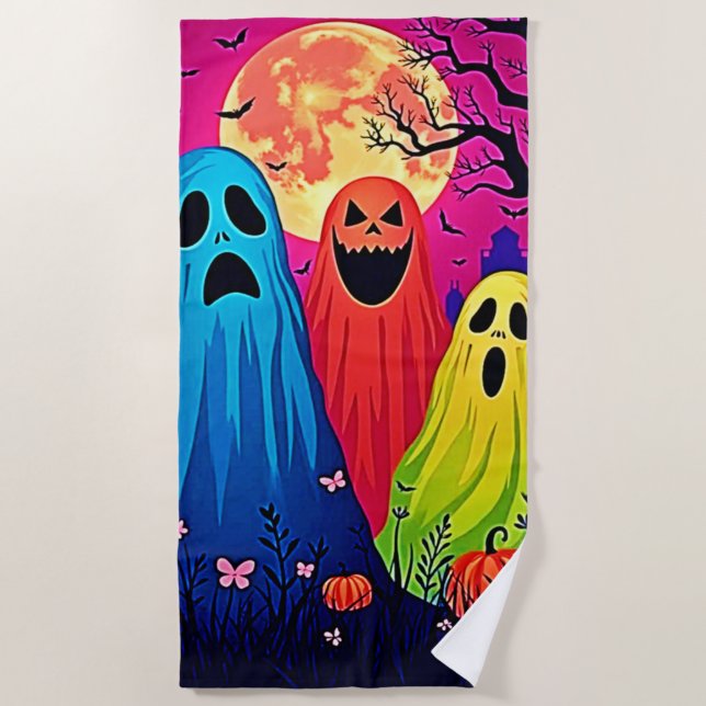 Neon Ghosts' Halloween Party Design Beach Towel (Front)