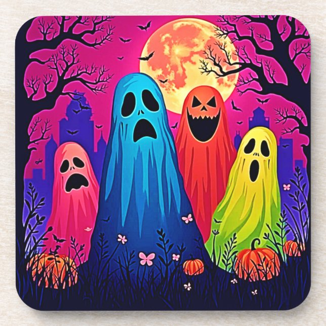 Neon Ghosts' Halloween Party Design Coaster (Front)