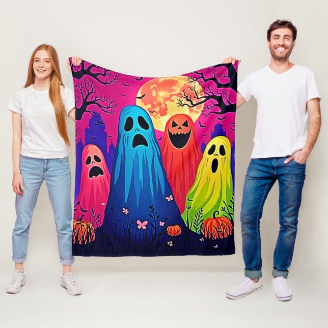 Neon Ghosts' Halloween Party Design Fleece Blanket (In Situ)