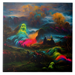 Neon Ghosts in a Haunted Fantasy Landscape Ceramic Tile