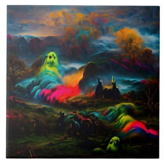 Neon Ghosts in a Haunted Fantasy Landscape Ceramic Tile