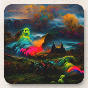 Neon Ghosts in a Haunted Fantasy Landscape Coaster