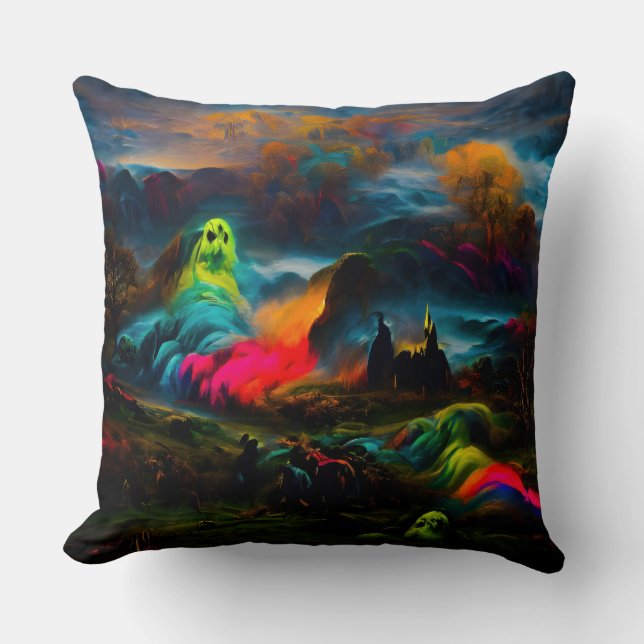Neon Ghosts in a Haunted Fantasy Landscape Cushion (Front)