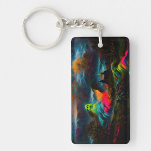 Neon Ghosts in a Haunted Fantasy Landscape Key Ring