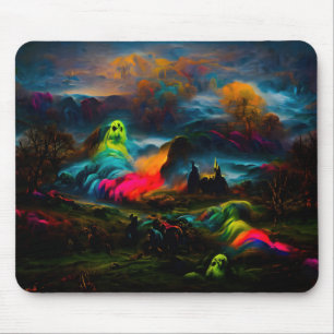 Neon Ghosts in a Haunted Fantasy Landscape Mouse Pad