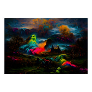 Neon Ghosts in a Haunted Fantasy Landscape Poster
